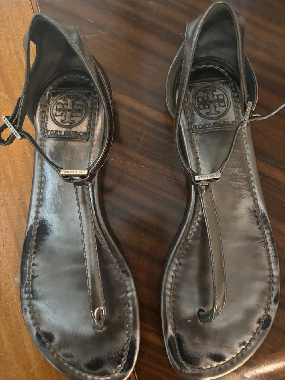 Tory Burch Metallic Brown Logo T-Strap Sandals